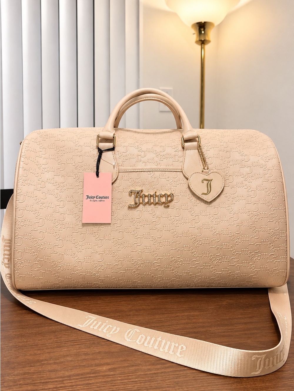 Juicy Couture Beige Embossed Travel Duffel with Gold Accents